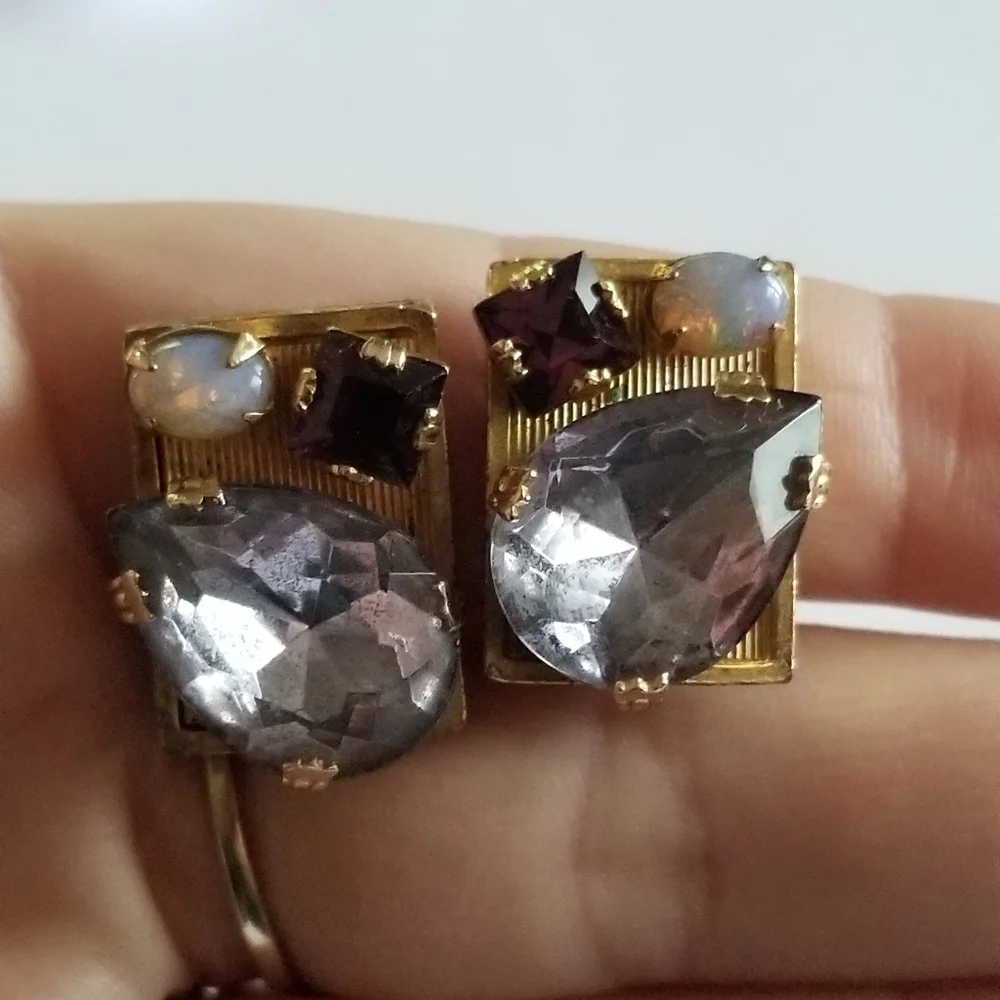Vintage earrings rhinestone clip on faux opal gold tone rectangular chunky